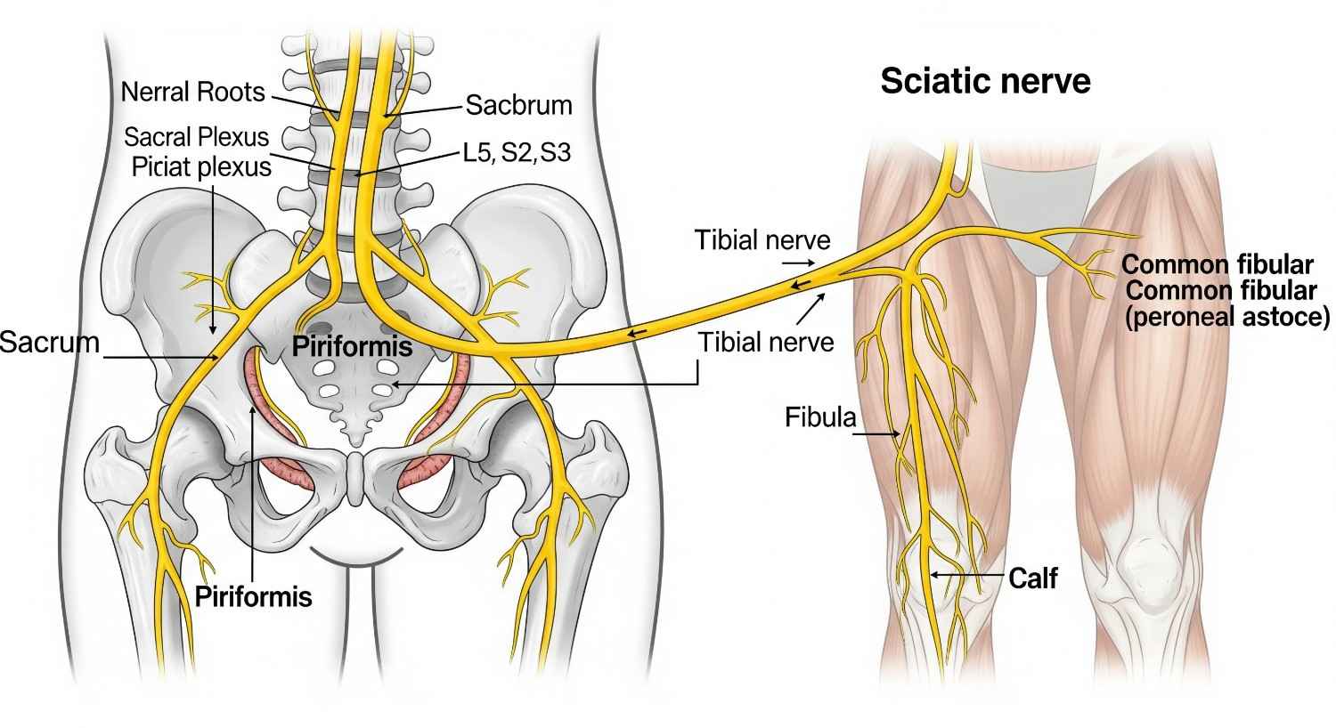 Sciatic nerve anatomy showing nerve pain in back and leg pathway for sciatica relief