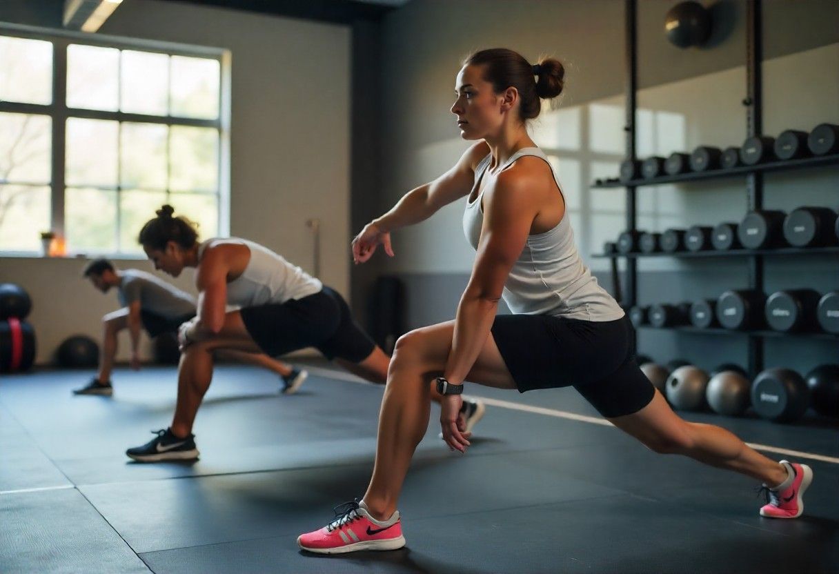 Group of athletes doing proper warm-up stretches for sports injury prevention