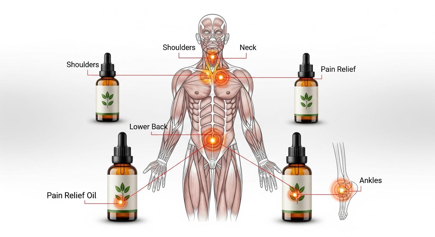 Pain relief oil applications for different body areas including muscle pain and joint pain zones
