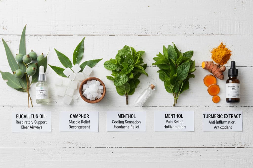 Natural pain relief ingredients including eucalyptus, camphor, menthol and turmeric for herbal pain remedy