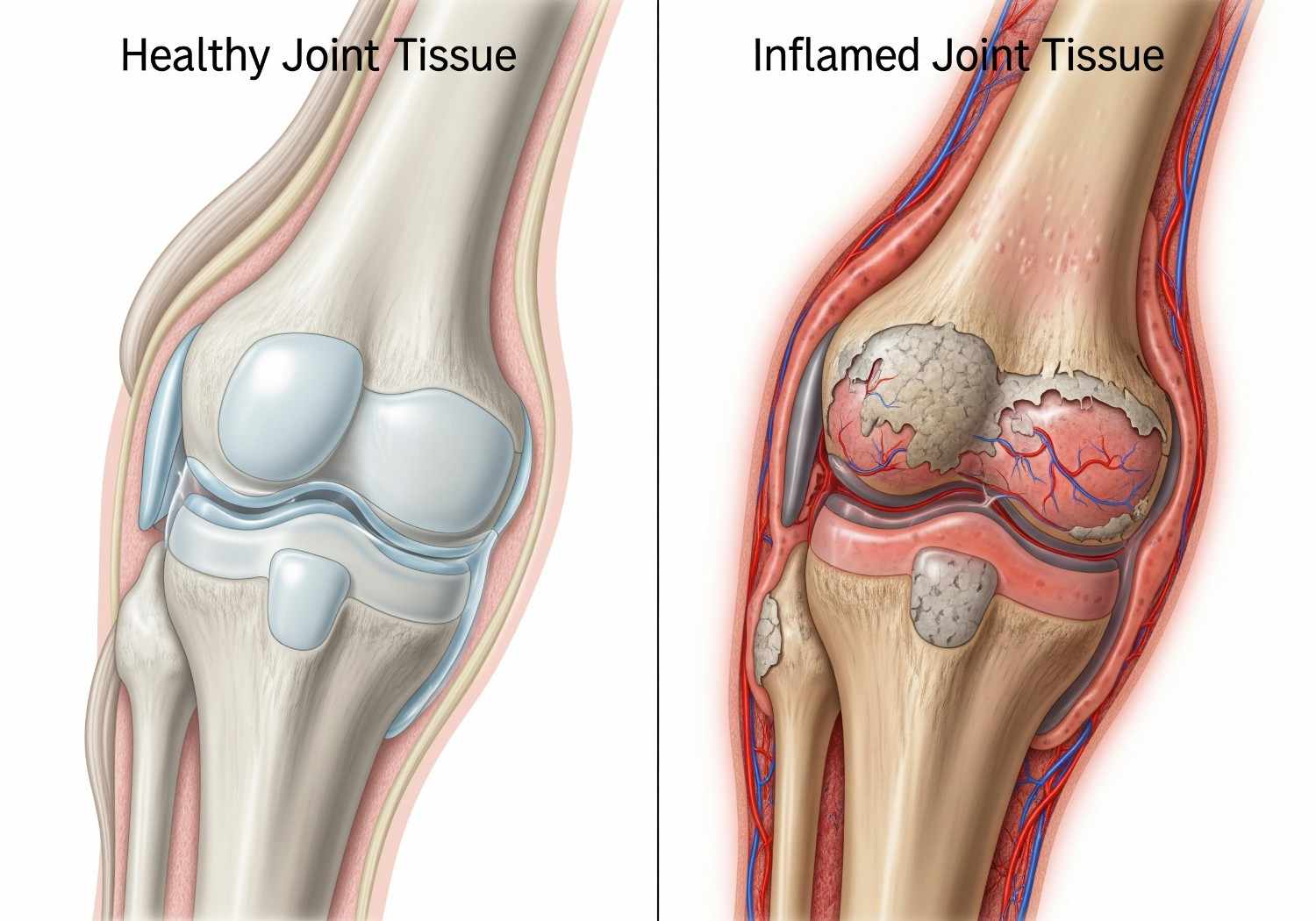 Medical comparison showing healthy joint tissue versus chronically inflamed joint affecting pain levels