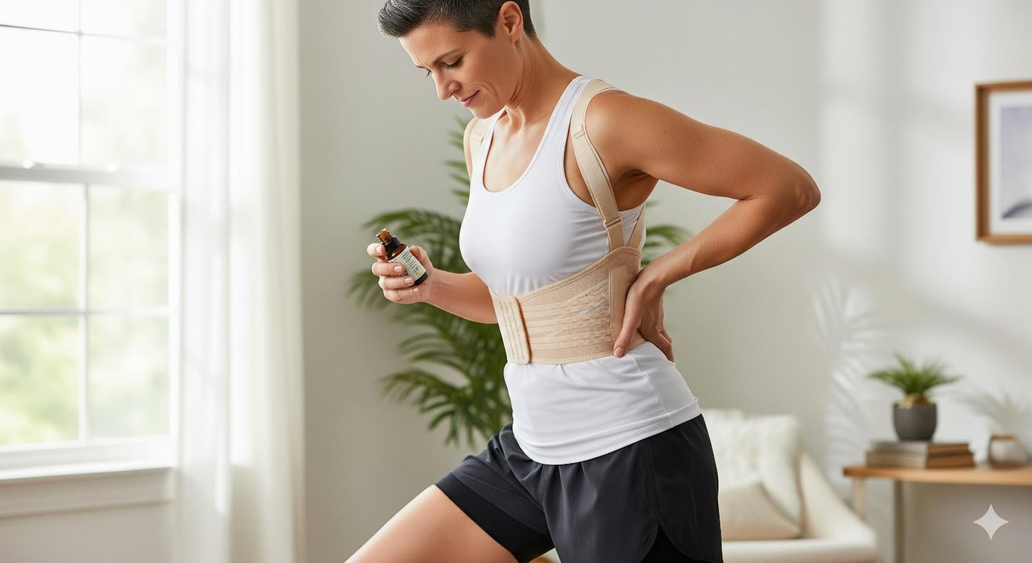 Pain relief oil application for back pain management with correct posture demonstration