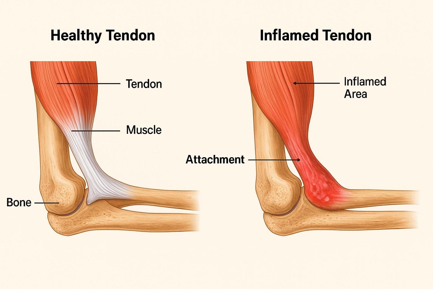 Diagram comparing healthy tendon structure to inflamed tendon showing tendonitis symptoms