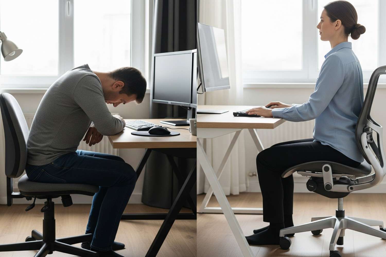 Comparison of poor posture causing backbone pain versus proper ergonomic positioning