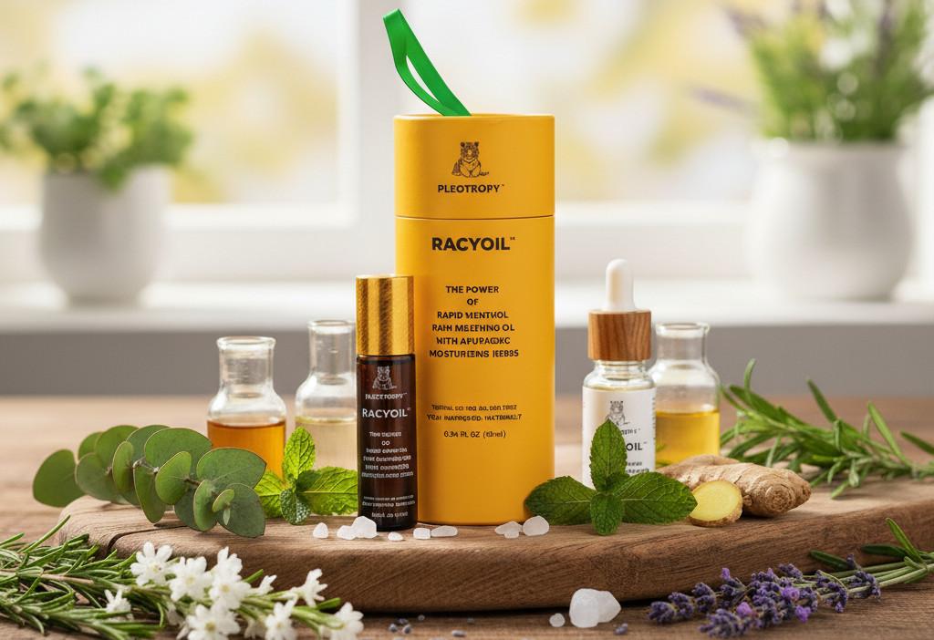 Racy Oils natural pain relief oil bottle with Ayurvedic herbs and healing botanicals