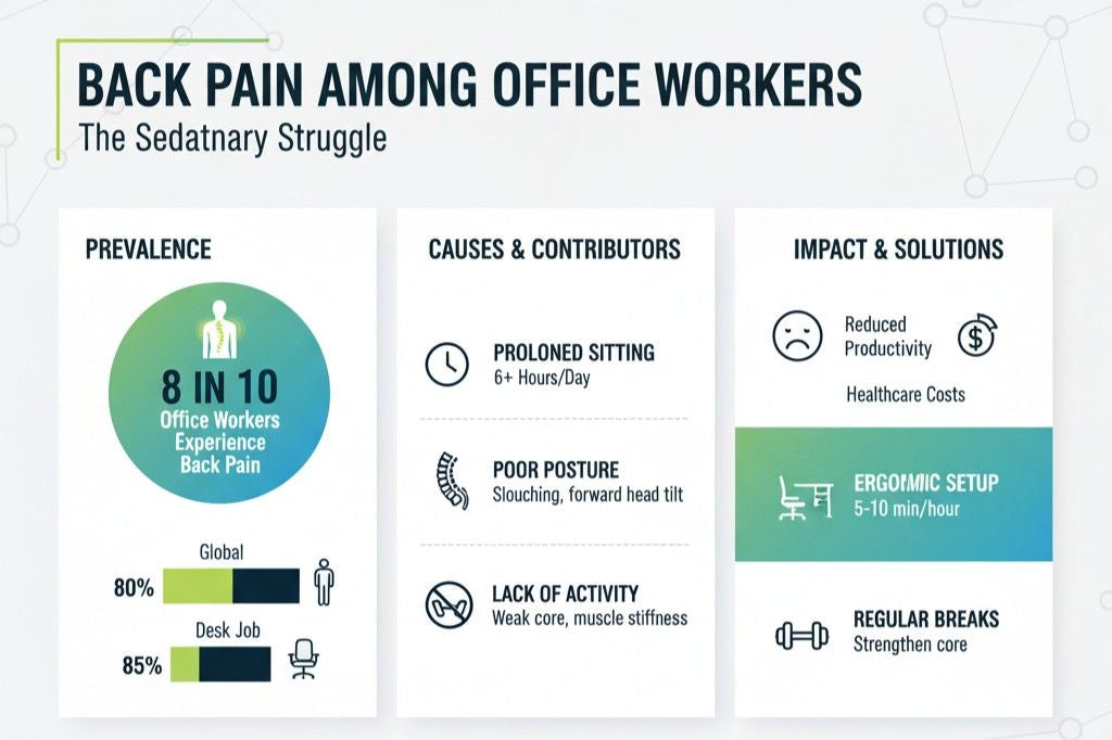 Statistics showing posture back pain affects 60-80% of office workers