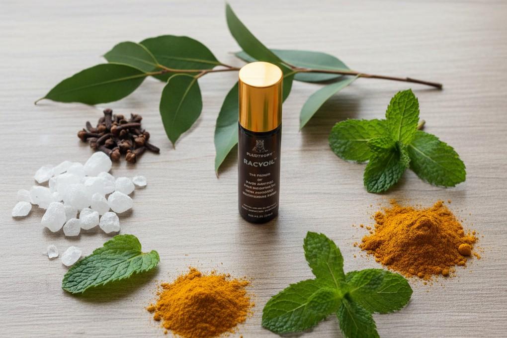 Natural ingredients used in RACYOIL™️ including camphor, eucalyptus, clove, and turmeric for pain relief