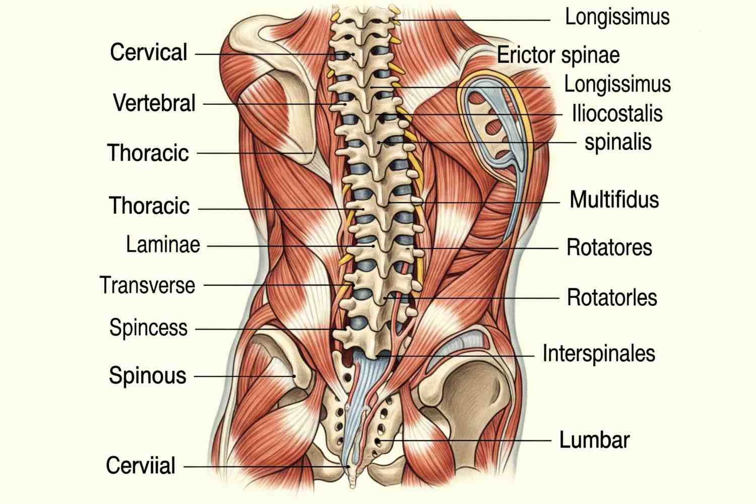 Human spine anatomy showing backbone structure and potential pain areas