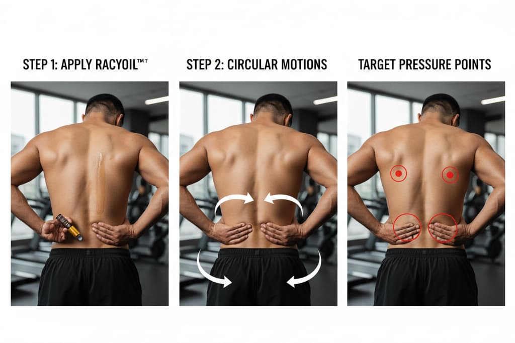 Illustrated guide demonstrating correct massage strokes for applying RACYOIL™️ to lower back muscles