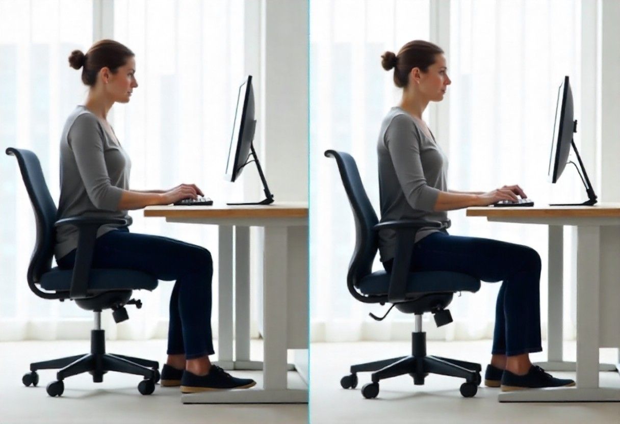 Proper ergonomic sitting posture demonstration for workplace pain prevention and spinal health.