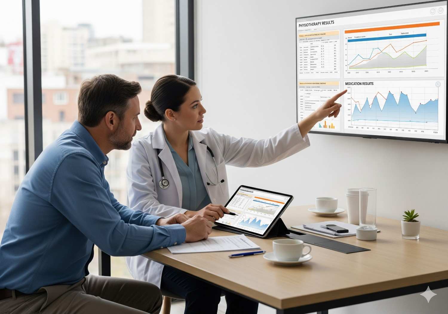 Patient doctor reviewing chronic pain solutions pain relief treatments physiotherapy medications progress