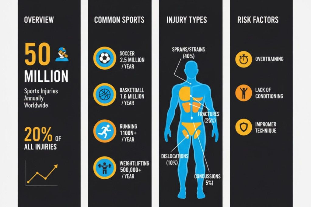 Sports injury statistics infographic showing common injuries across different athletic activities
