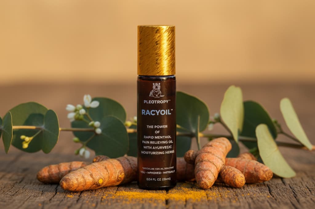 RACYOIL™️ natural oil formulation with key herbal ingredients including camphor, eucalyptus, and turmeric for knee and joint pain relief