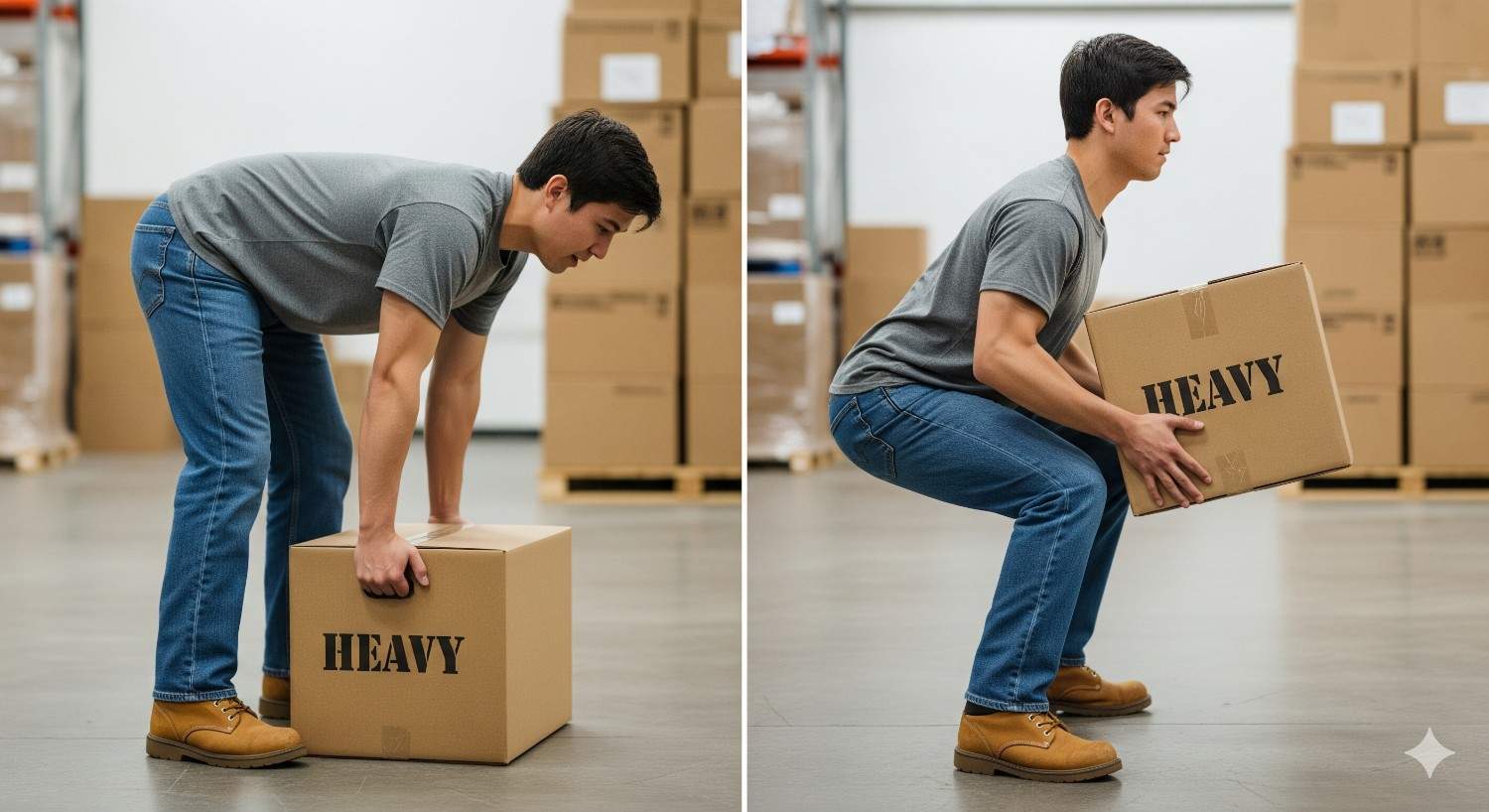 Proper lifting technique to prevent acute back pains