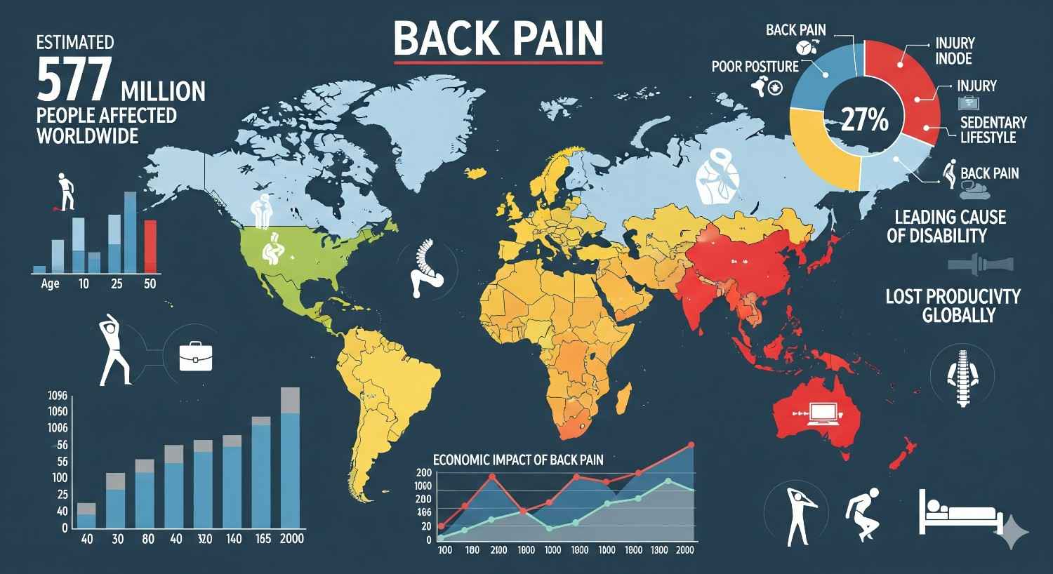 Global statistics showing prevalence of back pains worldwide