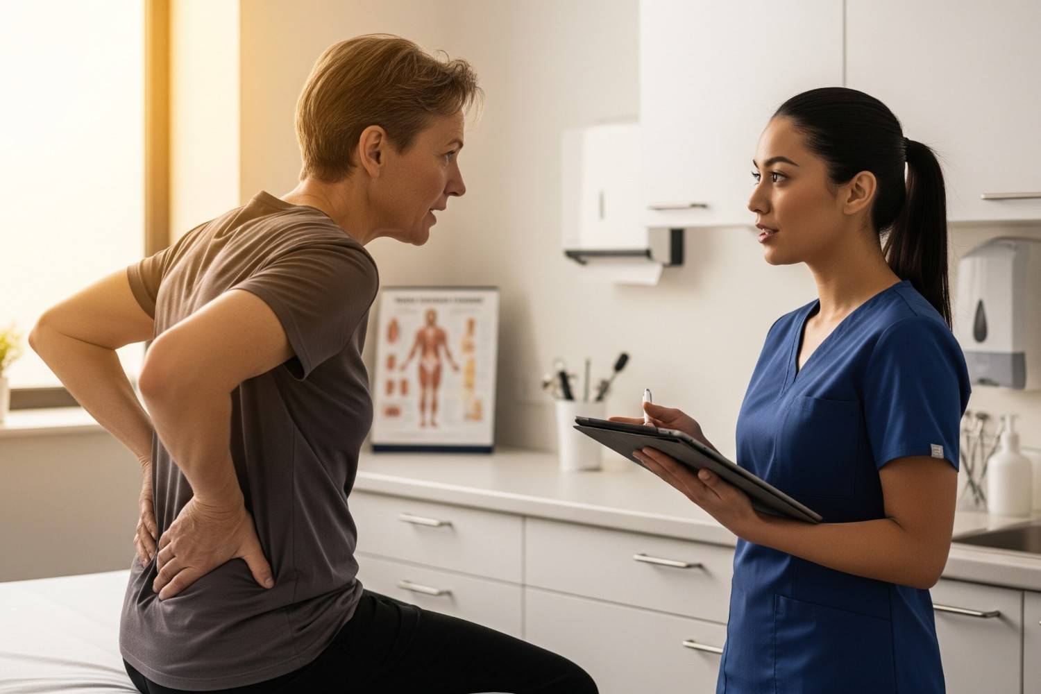 Patient discussing backbone pain symptoms with healthcare professional