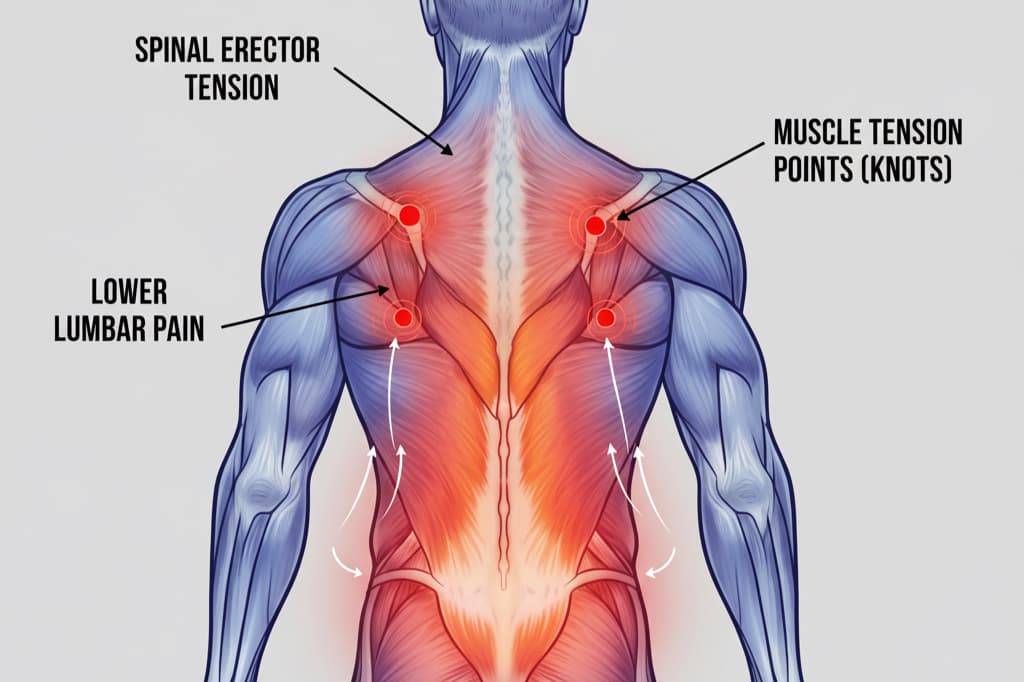 Diagram showing common sports-related back pain areas including lumbar spine and muscle strain zones