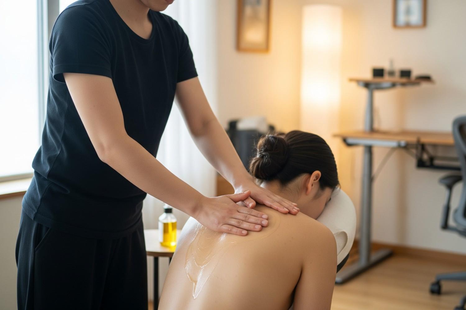 Natural upper back pain relief using RACYOIL™️ oil for shoulder and upper back pain treatment