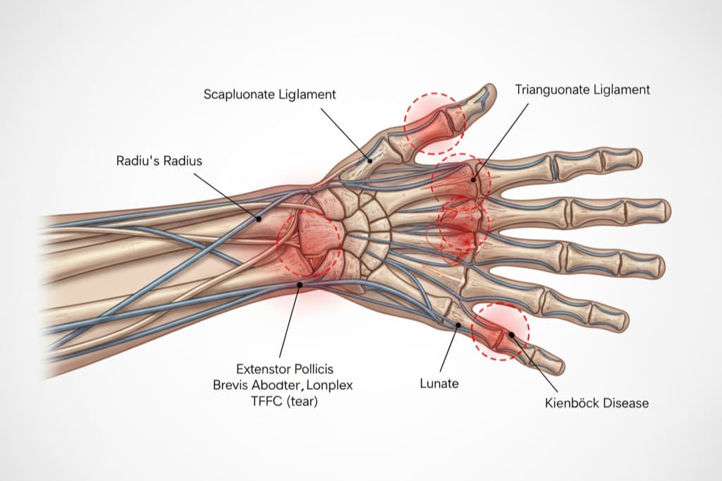 Detailed wrist anatomy diagram showing common sports injury locations including tendons and ligaments