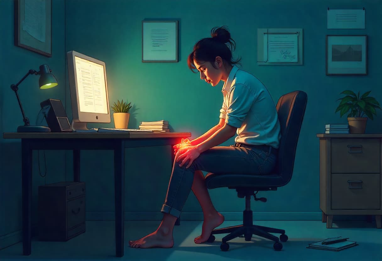 Individual experiencing knee pain at work, showing common daily struggles with joint discomfort
