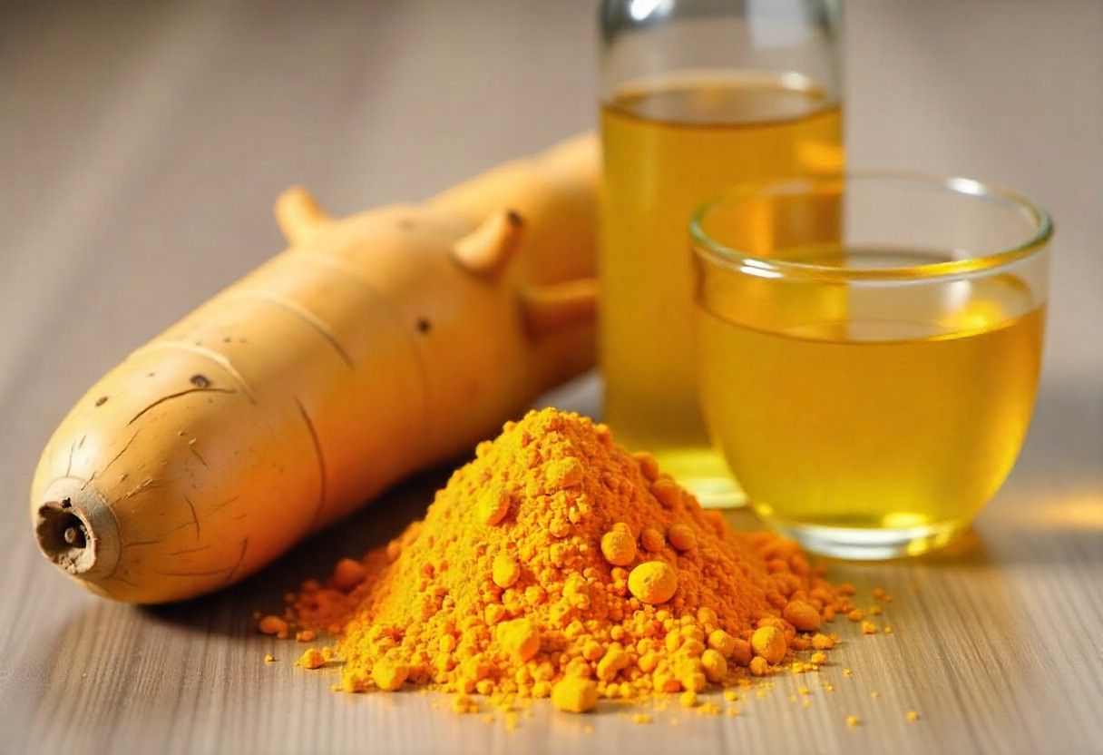 Turmeric root and extract showing natural anti-inflammatory ingredients in RACYOIL™️