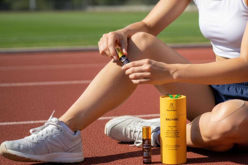 Natural runner's knee relief treatment with RACYOIL oil for athletes