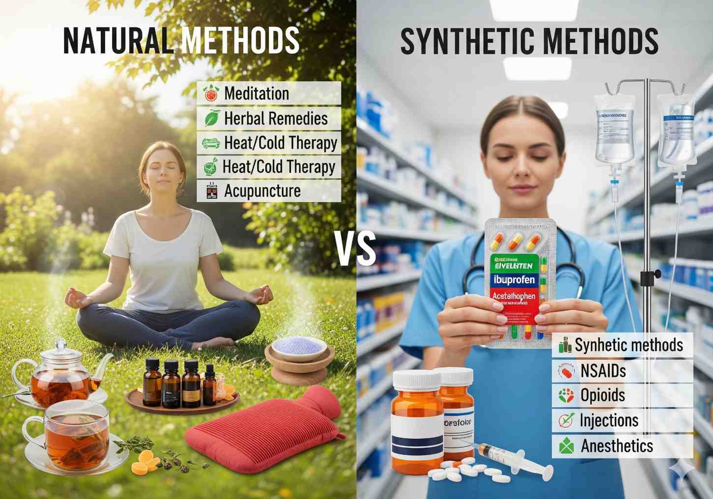 Natural herbal ingredients used in RACYOIL™️ compared to synthetic alternatives for pain relief