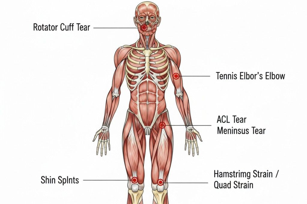 Human body diagram highlighting common sports injury locations for athletes