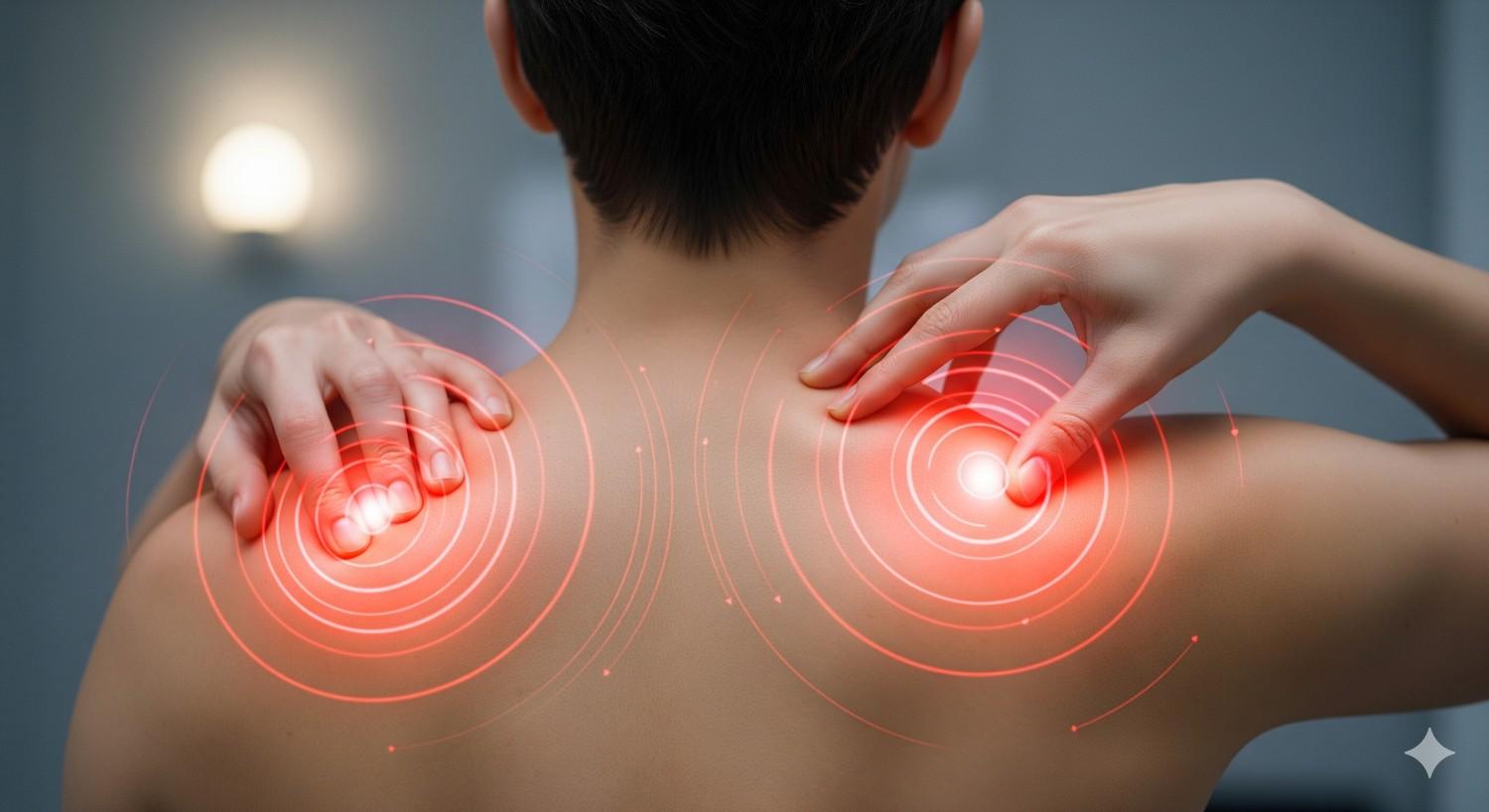 Common locations of upper back pain symptoms and muscle tension points