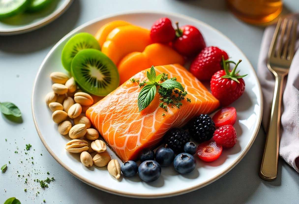 Anti-inflammatory meal featuring salmon, leafy greens, berries and healthy fats for natural pain relief.
