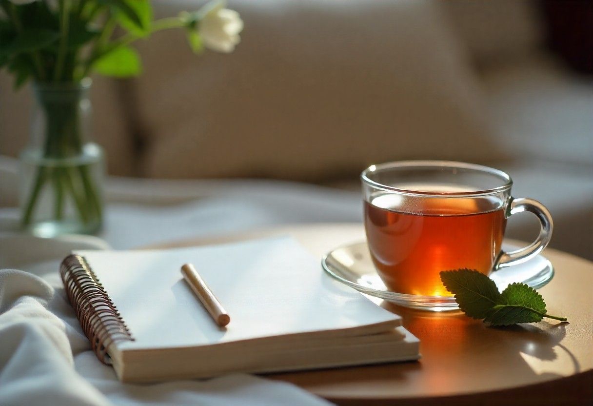 Peaceful evening routine setup with journal and herbal tea for chronic pain management