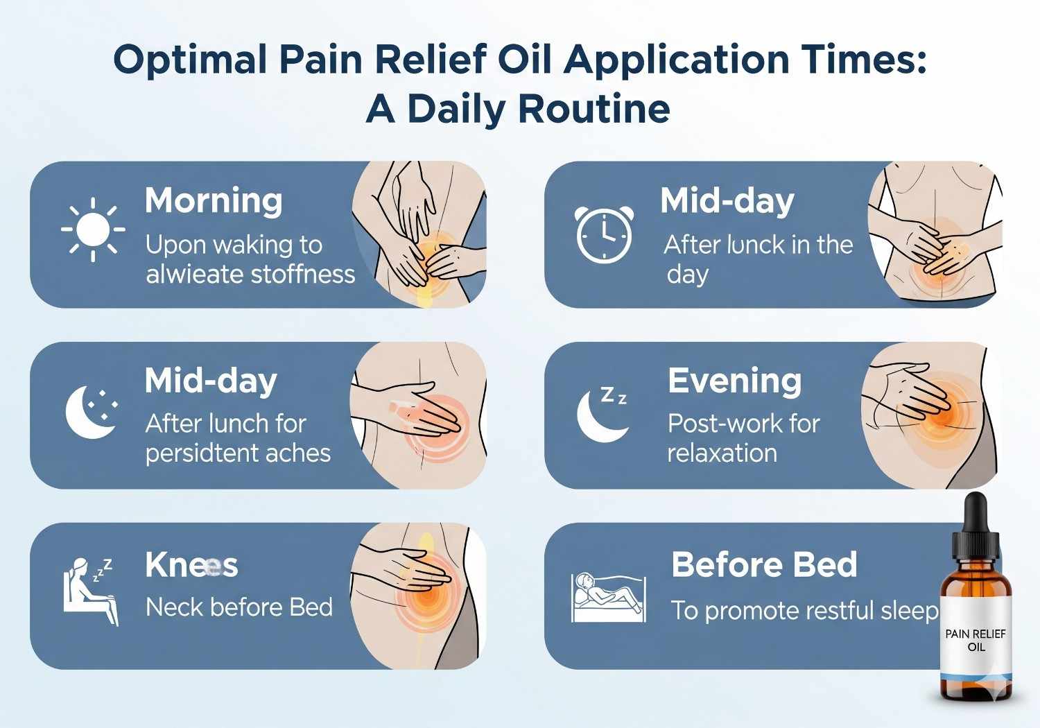 Daily schedule showing best times to apply RACYOIL™️ for maximum pain relief benefits