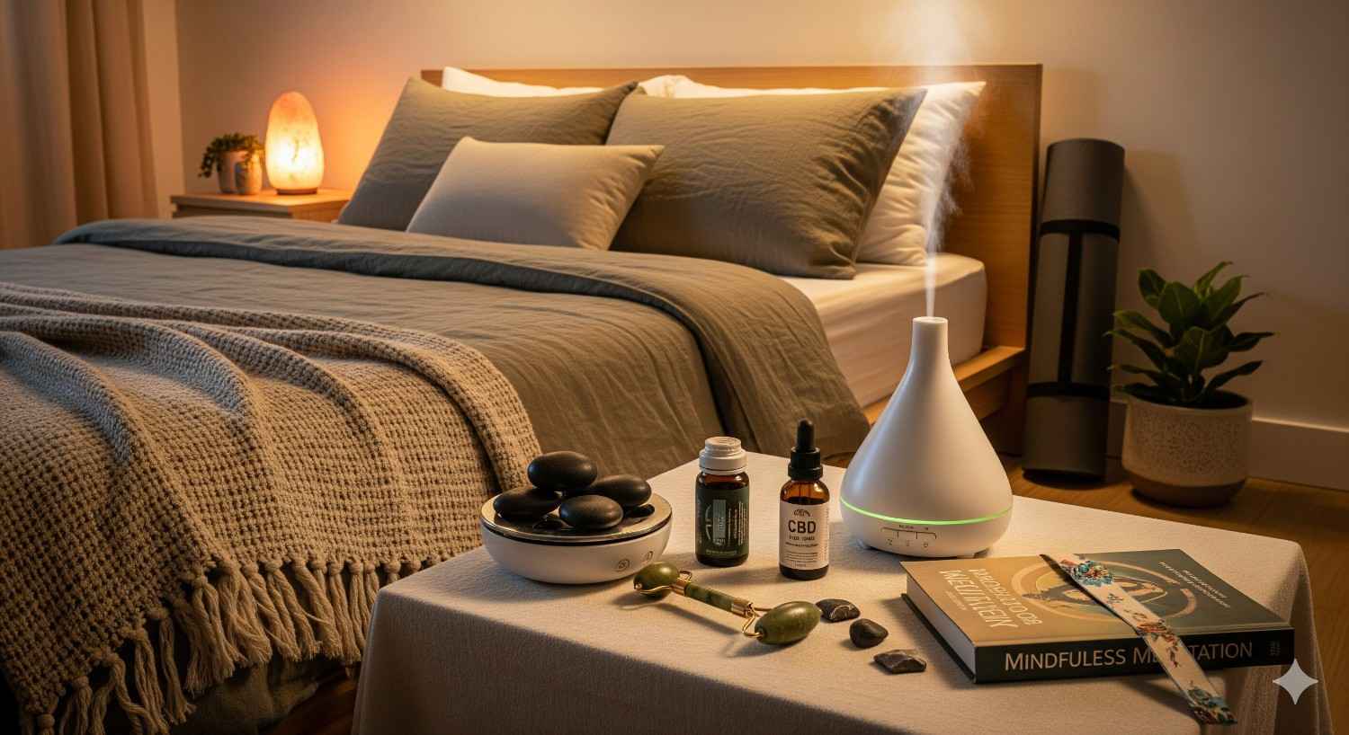 Natural pain management bedroom setup with home remedies for muscle aches recovery environment