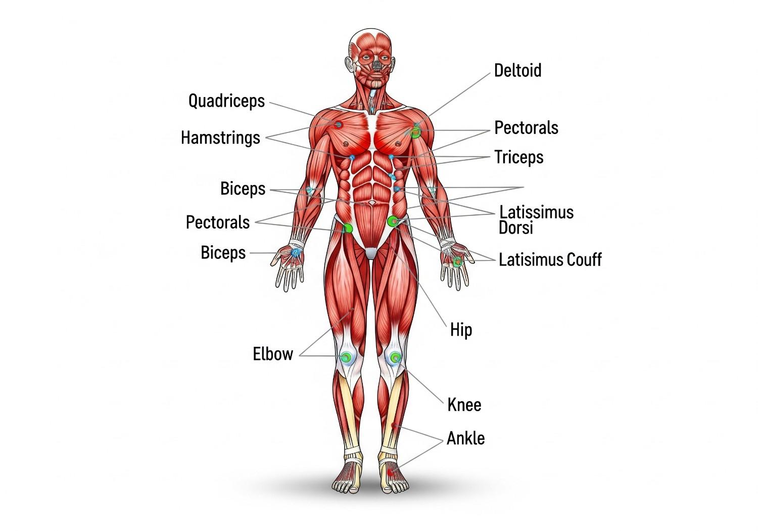 Muscle groups and joint areas where RACYOIL™️ provides effective pain relief