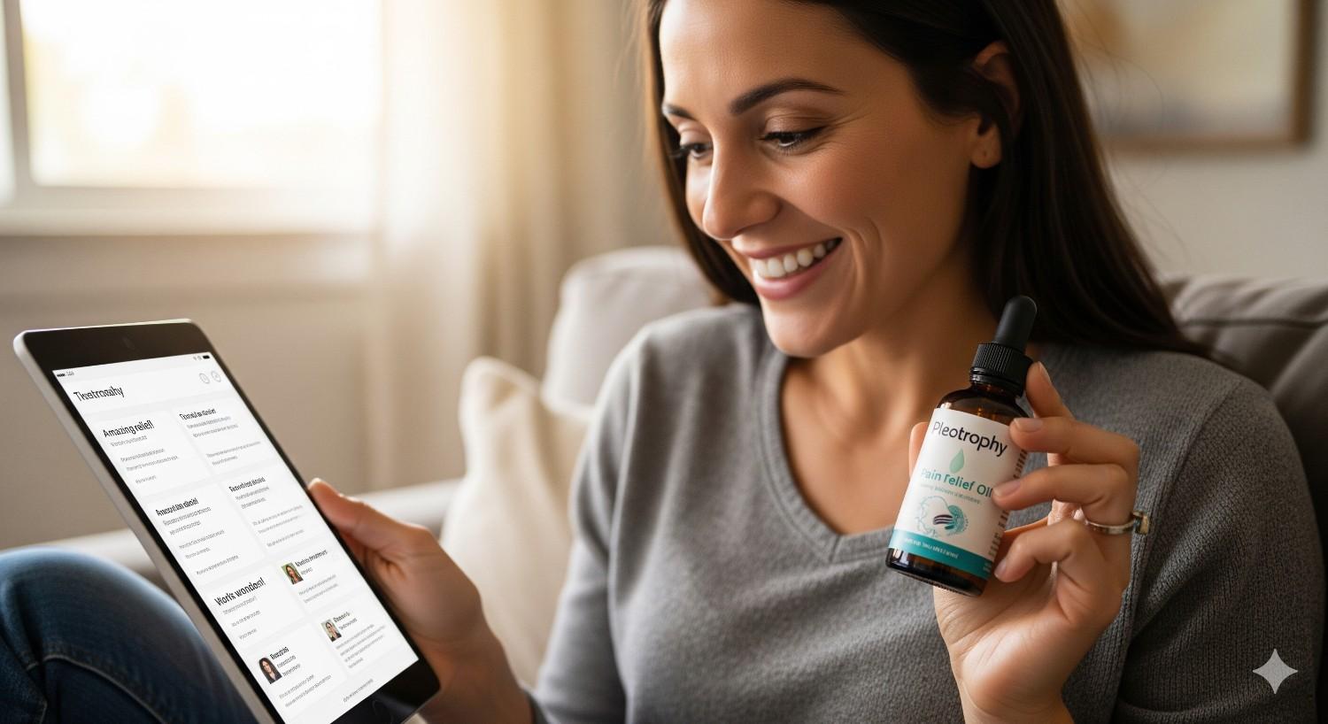 Satisfied customer with natural pain relief oil reading positive pain management testimonials