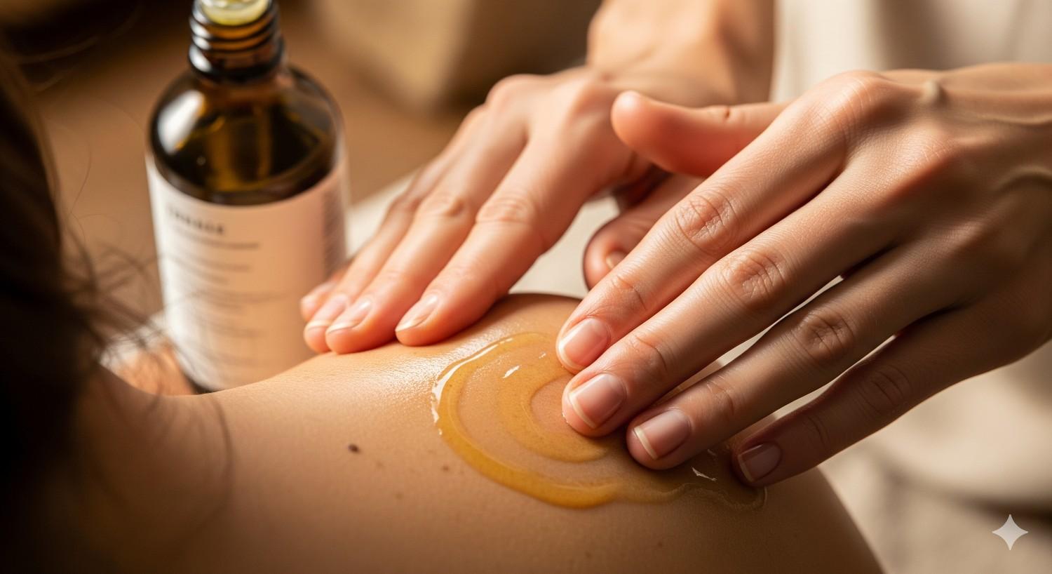 Person applying natural herbal pain relief oil for muscle tension relief