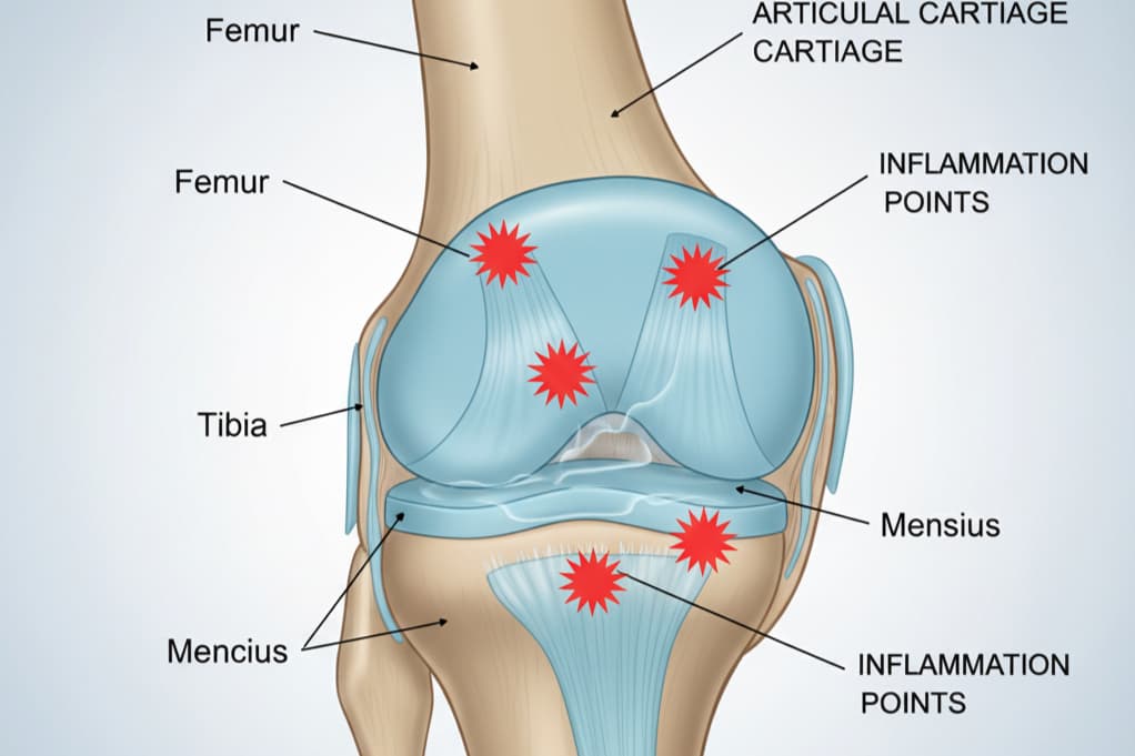 Medical illustration of knee joint anatomy showing cartilage, inflammation sites, and areas where RACYOIL™️ provides targeted relief