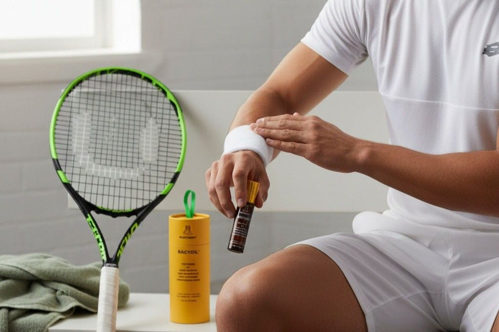 Natural tennis elbow relief treatment with RACYOIL for athletes and sports players