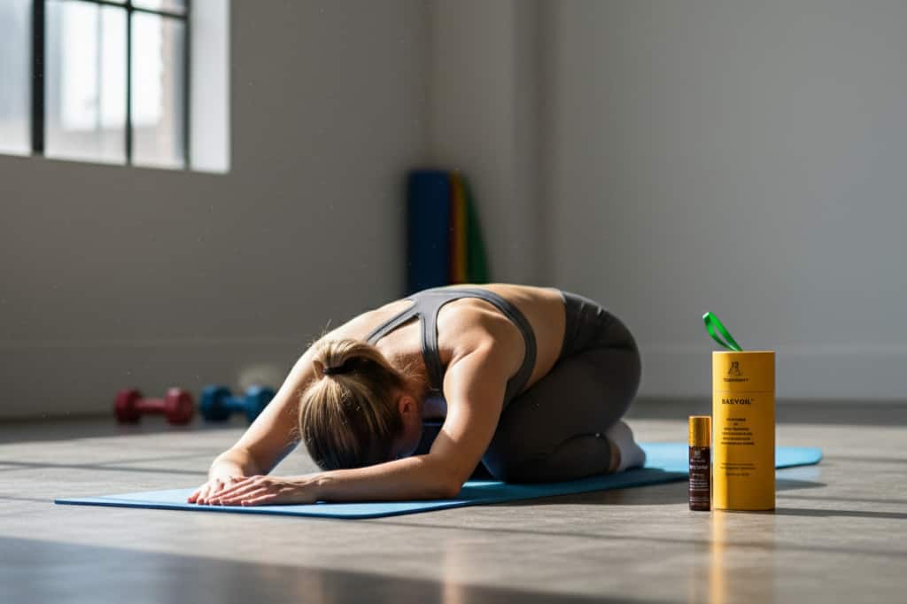 Best oil for sports back pain shown with athlete performing recovery stretches